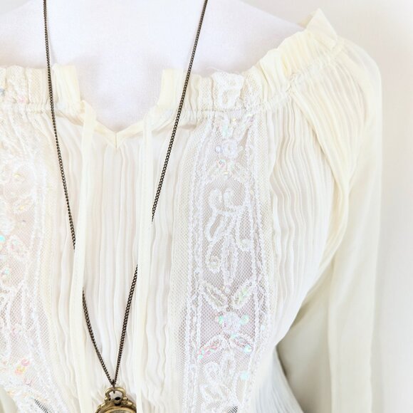 VTG 00s Y2K FANG Cream White Sheer Sequin Pleated Chiffon Pirate Sleeve Top Sz L - Picture 5 of 9